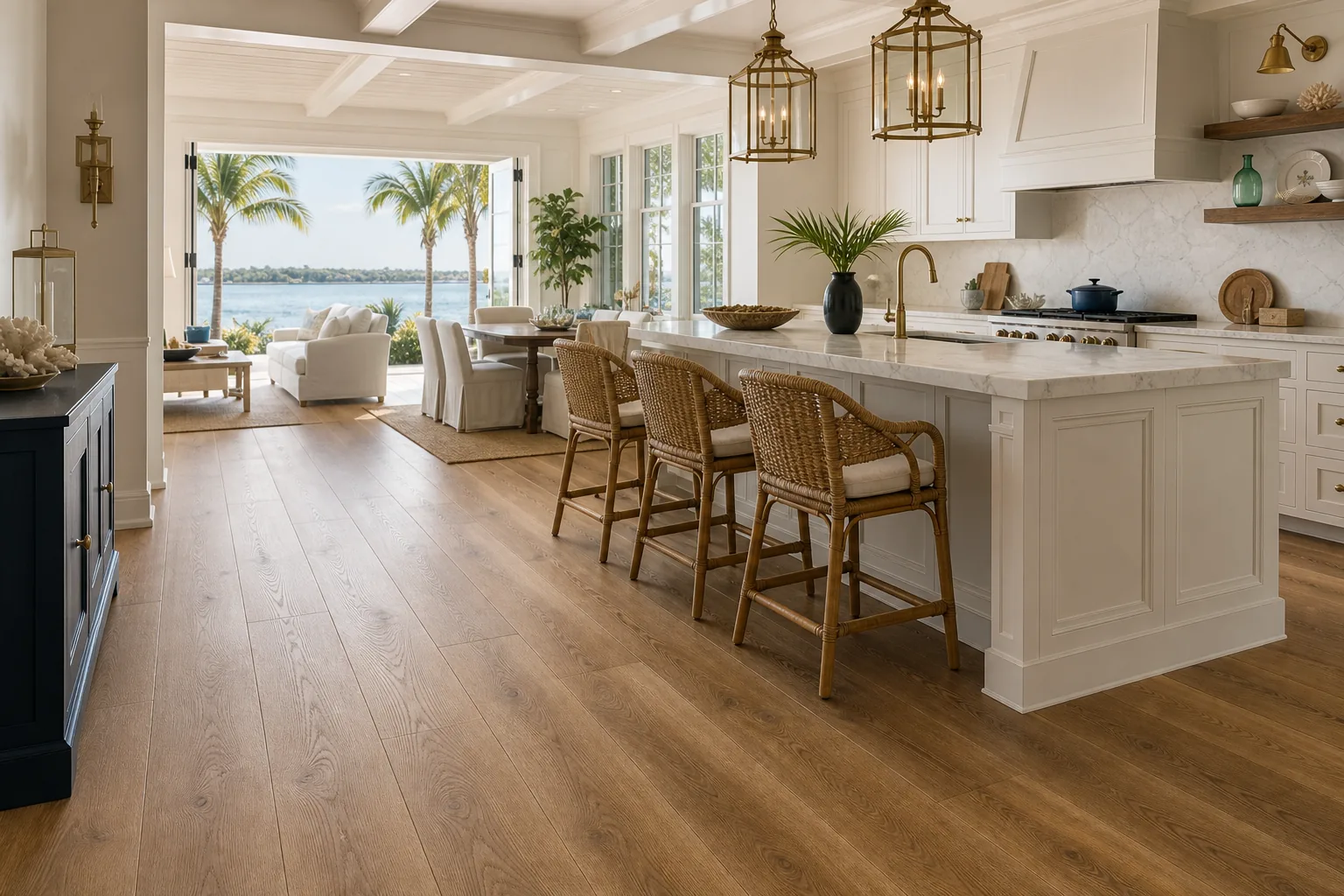 Bright coastal kitchen with warm oak luxury plank flooring