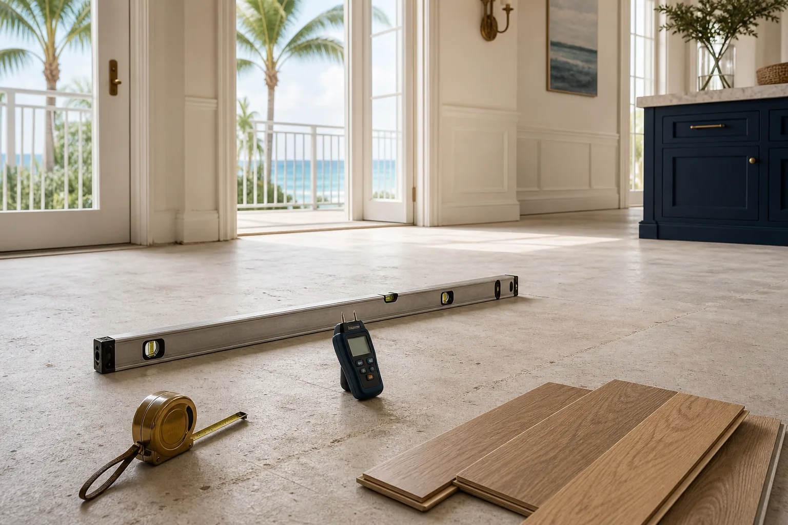 Prepared subfloor with measuring tools before luxury plank installation