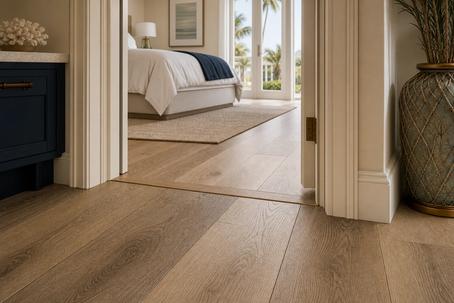 Clean flooring transition detail into a primary suite doorway
