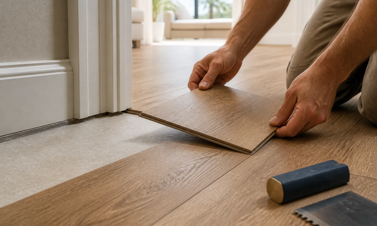 Luxury vinyl plank installation detail at a clean doorway transition