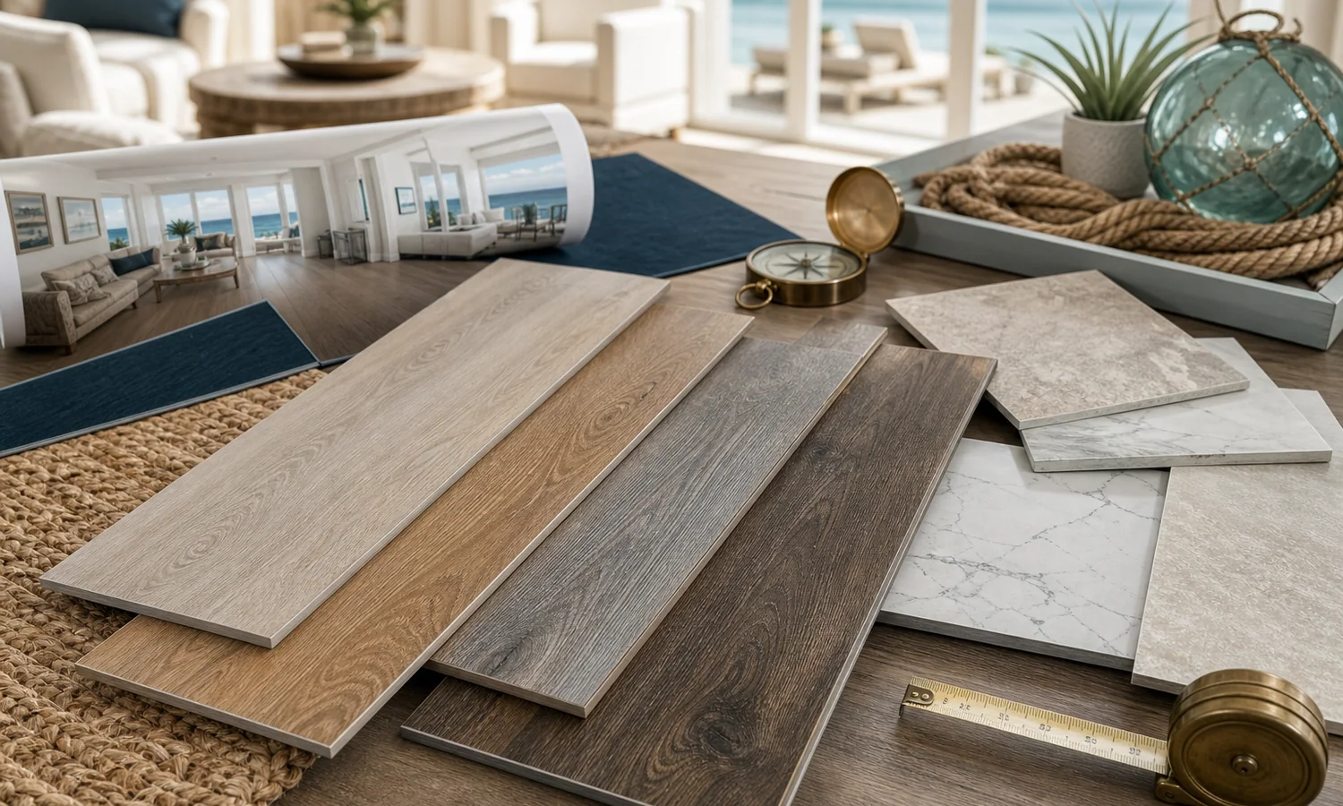 Luxury vinyl plank and stone-look vinyl samples arranged for material selection