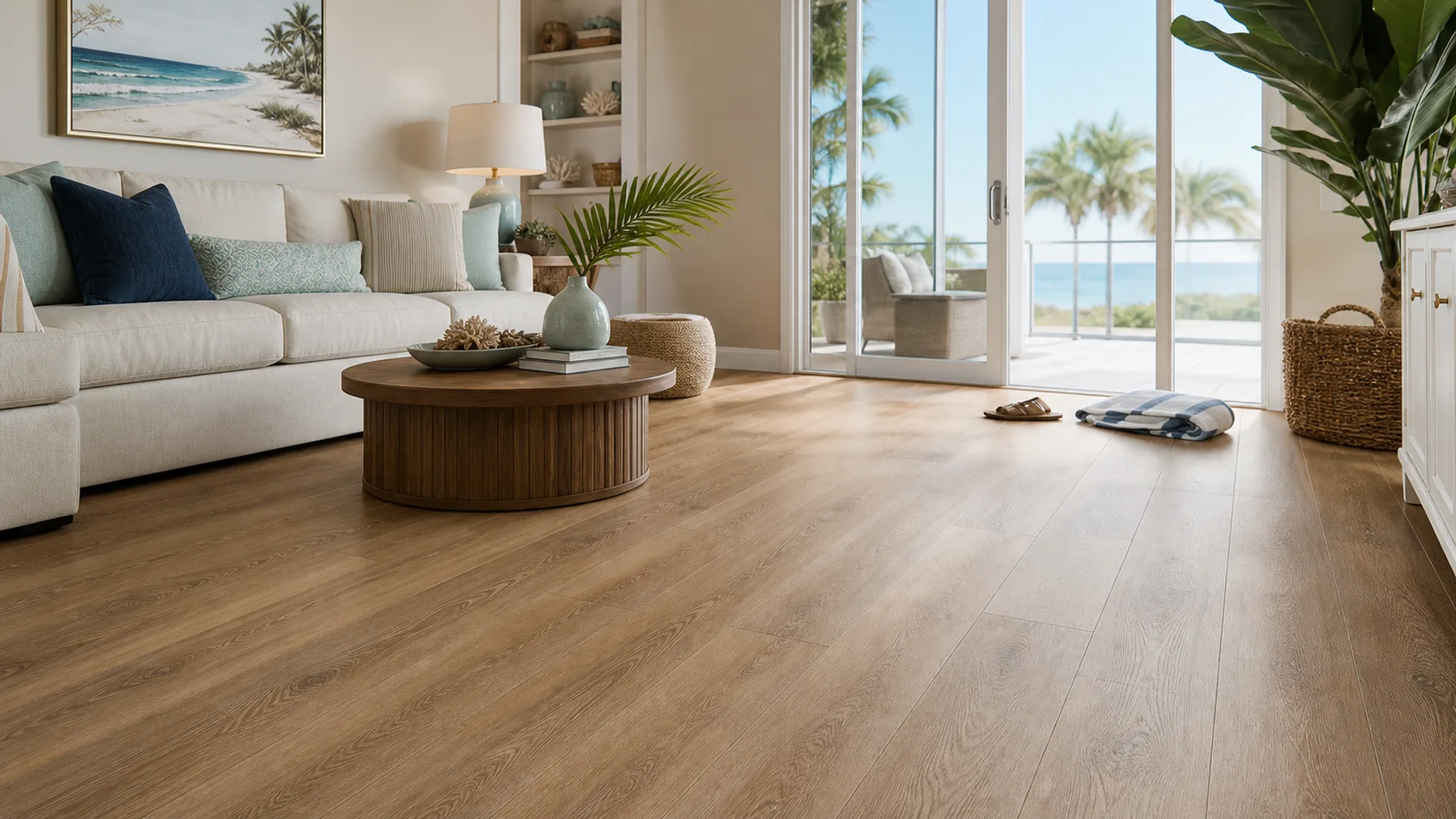 Bright Florida coastal living room with waterproof LVP Vinyl Plank Flooring