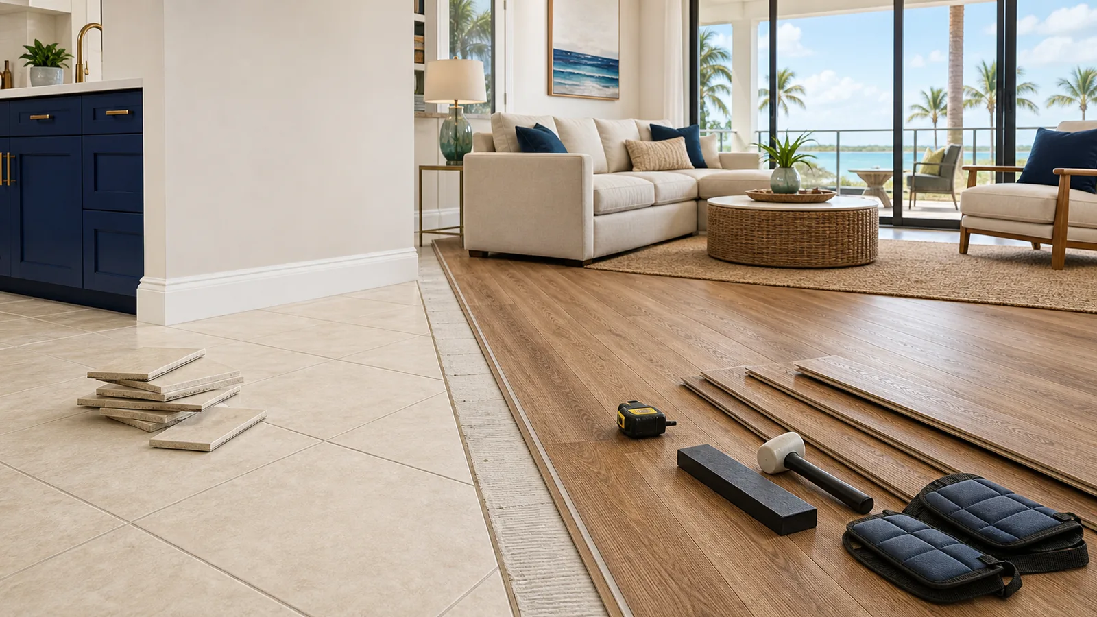 Clean transition from tile to warm wood-look LVP Vinyl Plank Flooring in a Florida living room