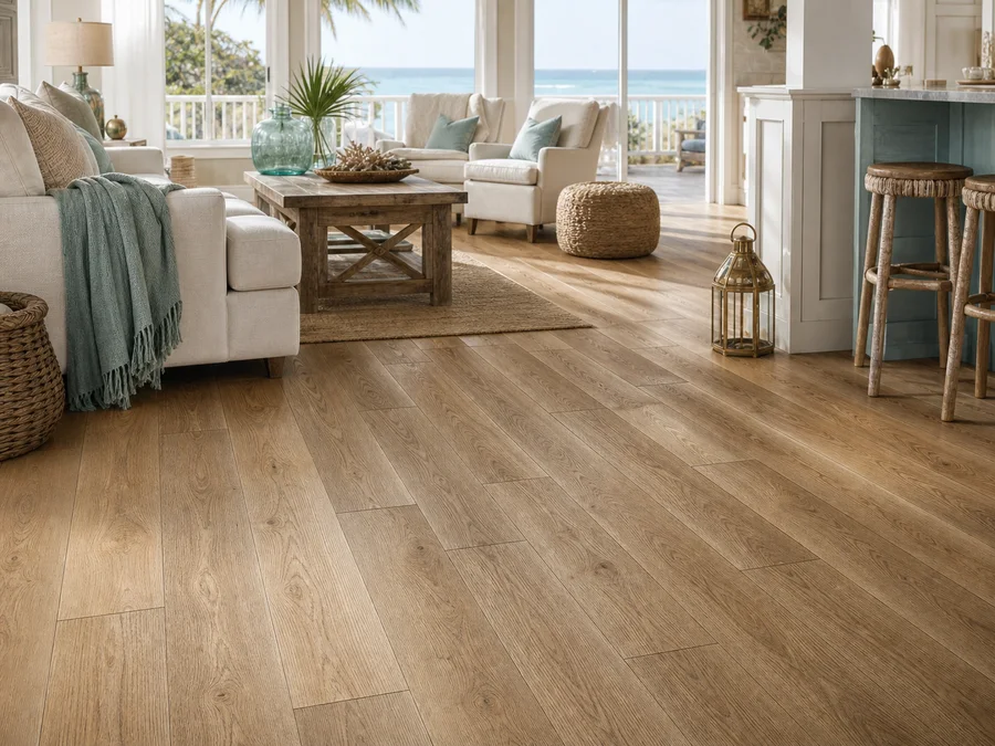 Bright coastal living room with warm wood-look luxury vinyl plank flooring