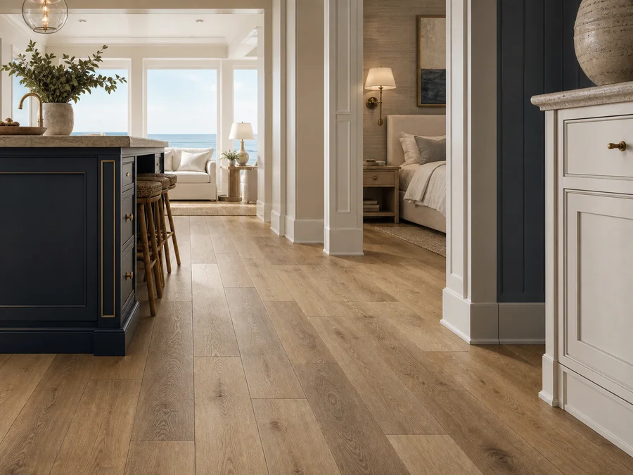 High-end remodel interior with warm plank flooring and refined finish details