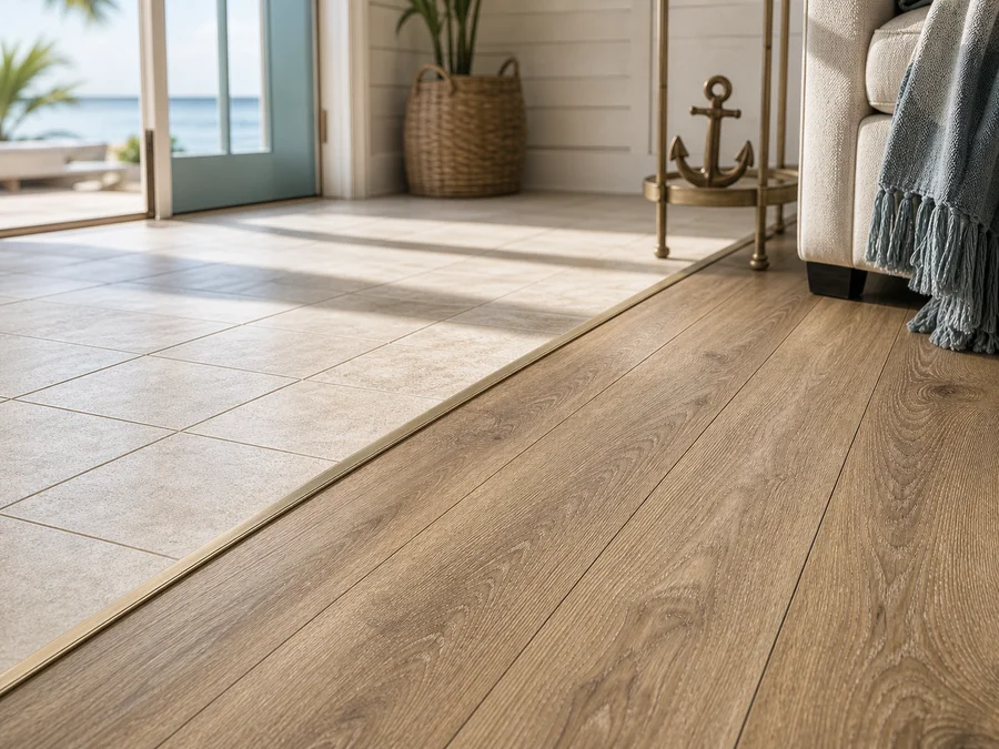 Clean transition from tile to warm wood-look luxury vinyl plank flooring