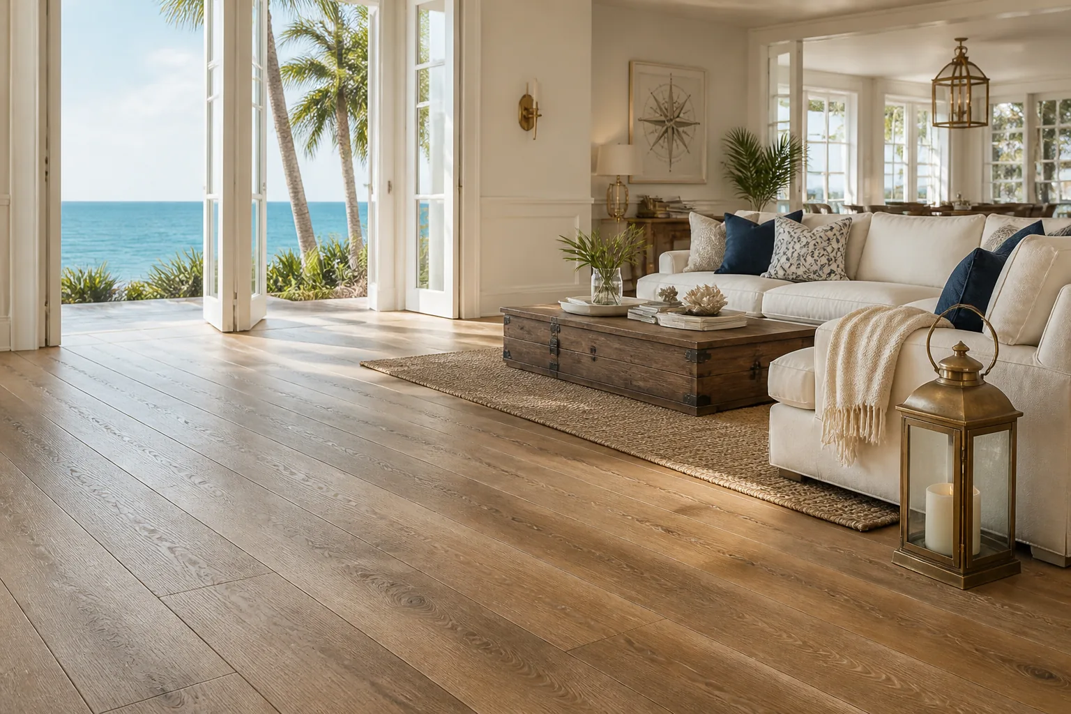 Luxury coastal Florida living room with warm plank flooring
